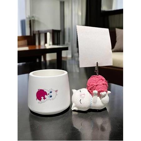 Tatlı Pembe Yumaklı Kawaii Sevimli Kedi Fotoğraf Tutucu Not Tutacak Kalemlik Ofis Seti Hediyelik