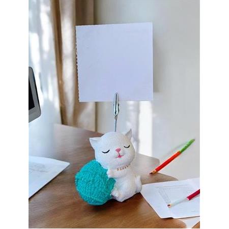 Turkuaz Yumaklı Oturan Kawaii Kedi Temalı Not Tutacağı Fotoğraf Tutacak Tutucu Ofis Hediyelik