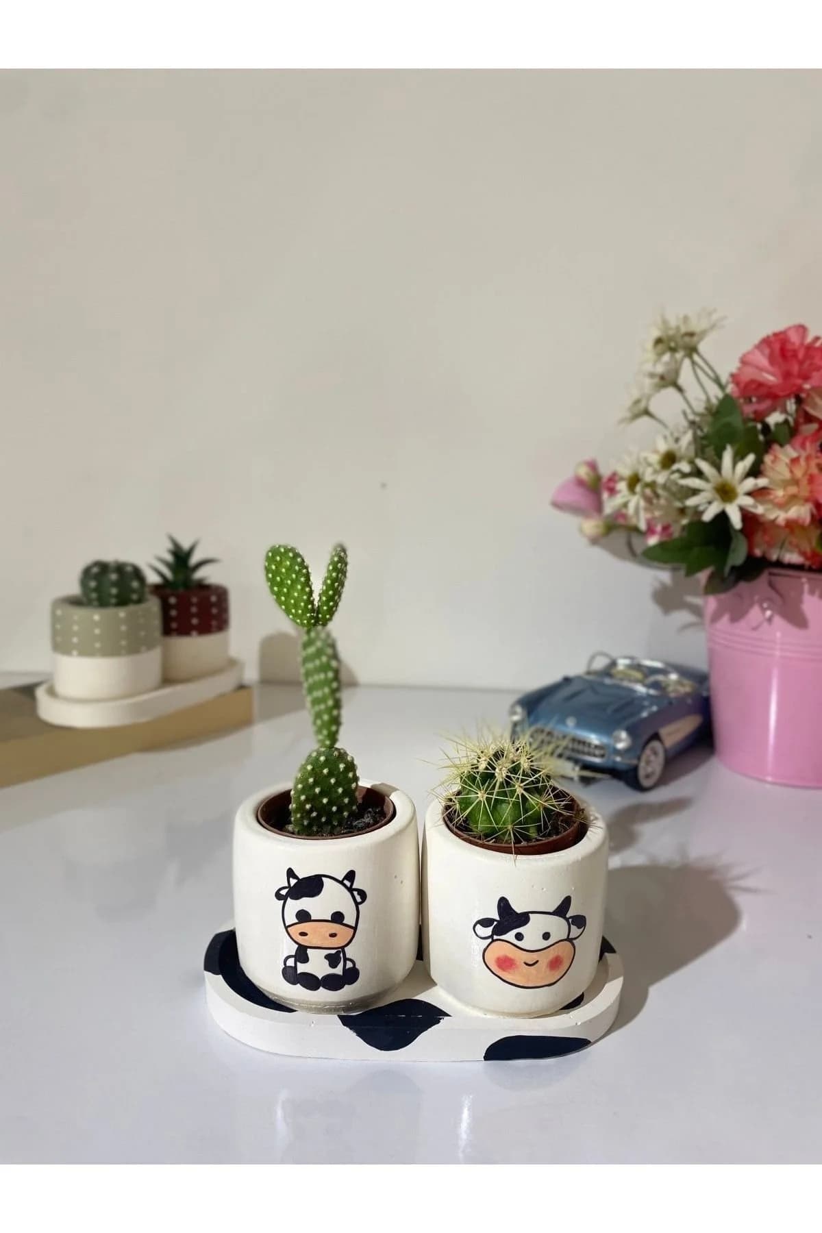 Tabaklı 2li Siyah Inek Motifli Mini Saksı Seti - 1. görsel