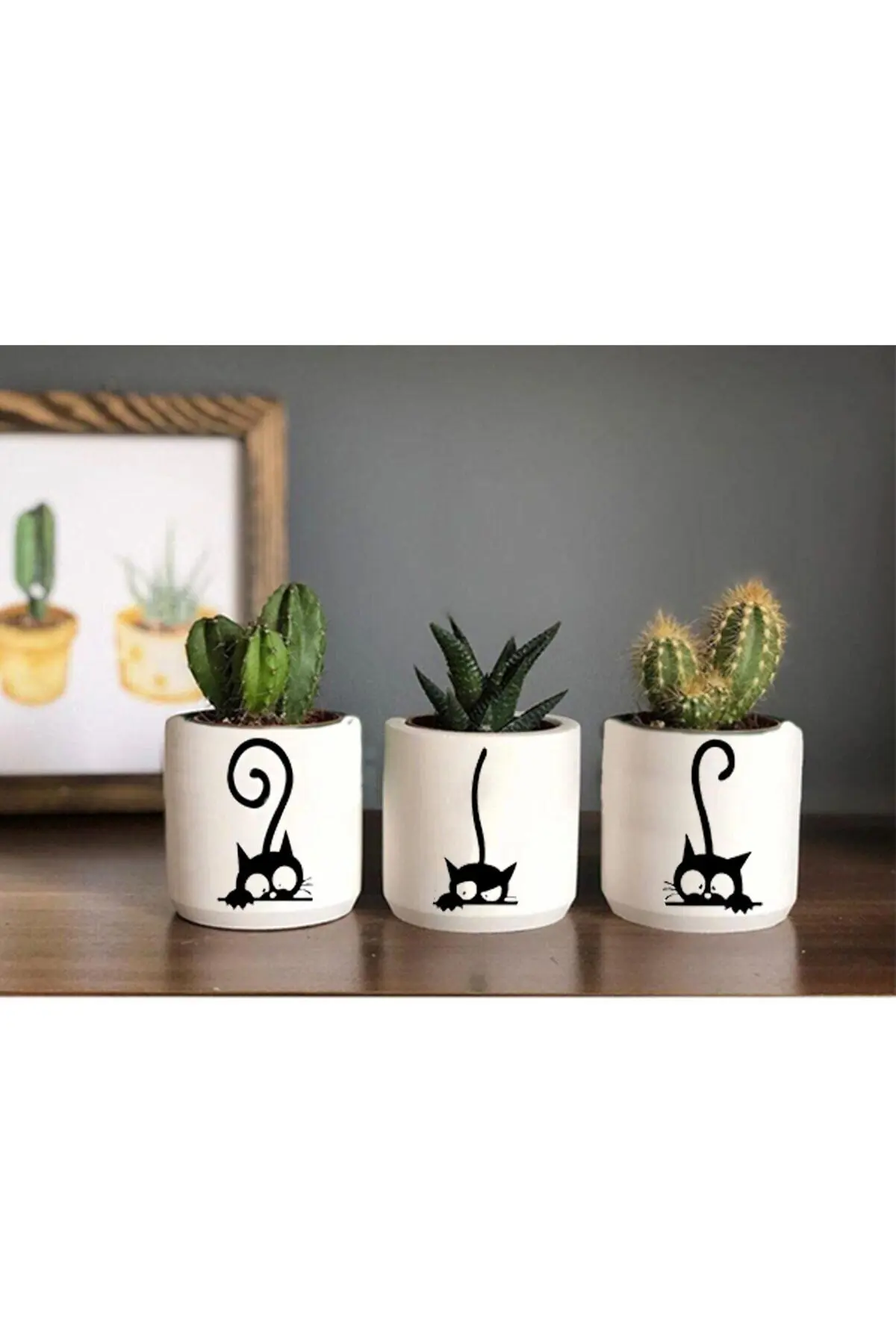 Kedi Desenli Saksı (ÇİÇEKSİZ)- Küçük Boy Sukulent Saksısı Çizim Kedicik - 1. görsel