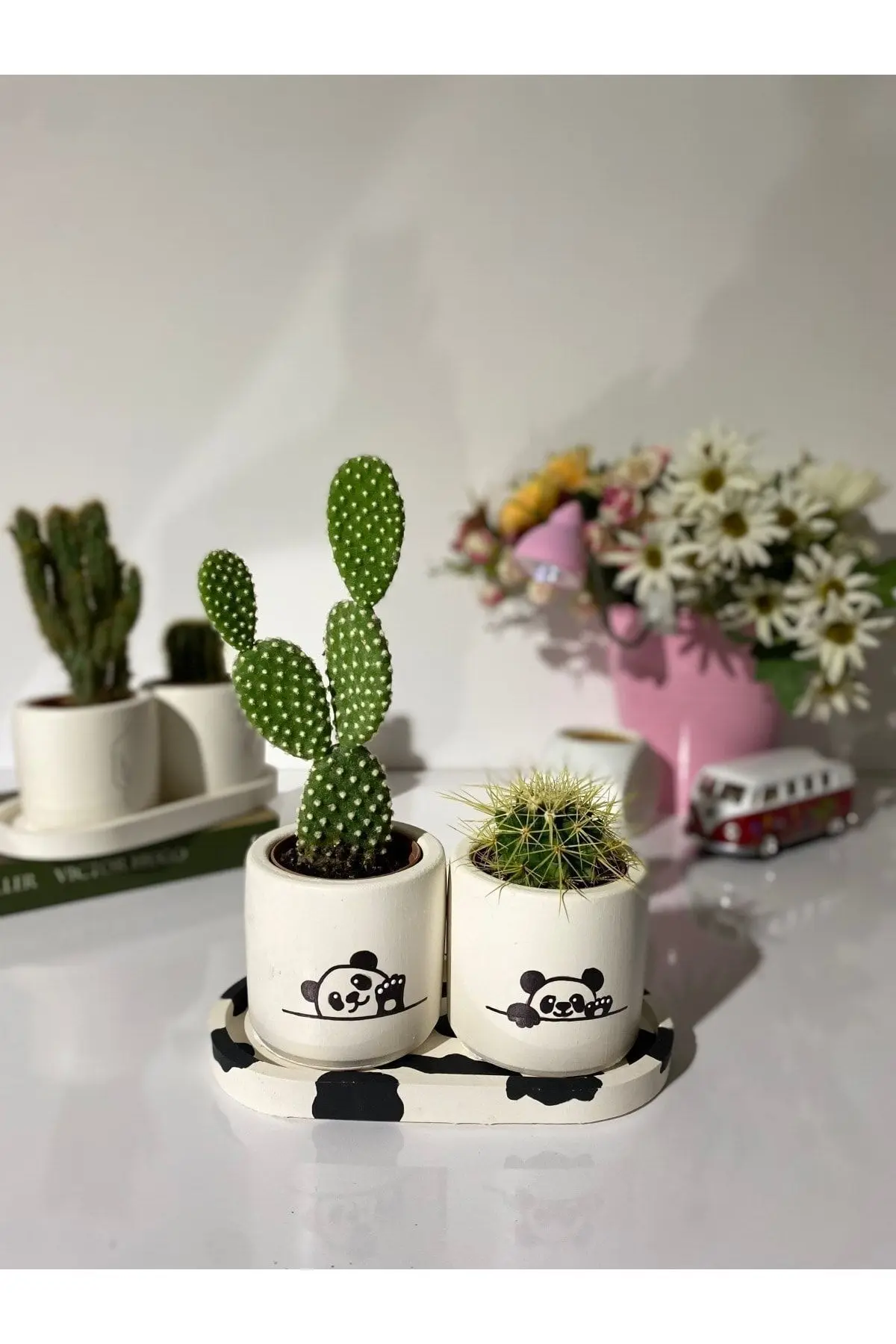 Tabaklı Panda 3 Desenli Özel Çizim Saksı Seti Hediyelik Kalemlik - 1. görsel