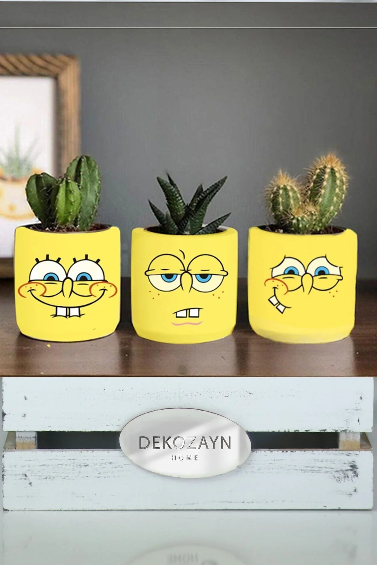 Sunger Bob Sponge Desenli Saksı Üçlü Set- Küçük Boy Sukulent Saksısı Çizim Hediyelik - 1. görsel