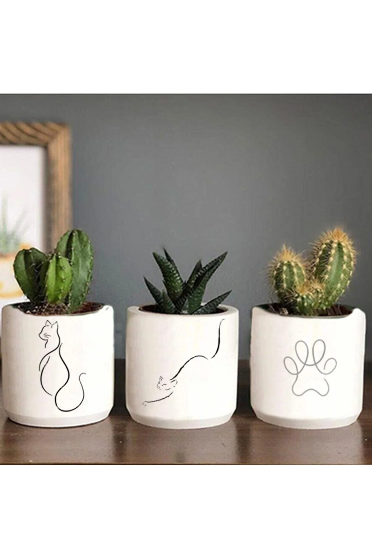 Minimalist Kedi Desenli Saksı Üçlü Set- Küçük Boy Sukulent Saksısı Kedicik Hediyelik - 1. görsel
