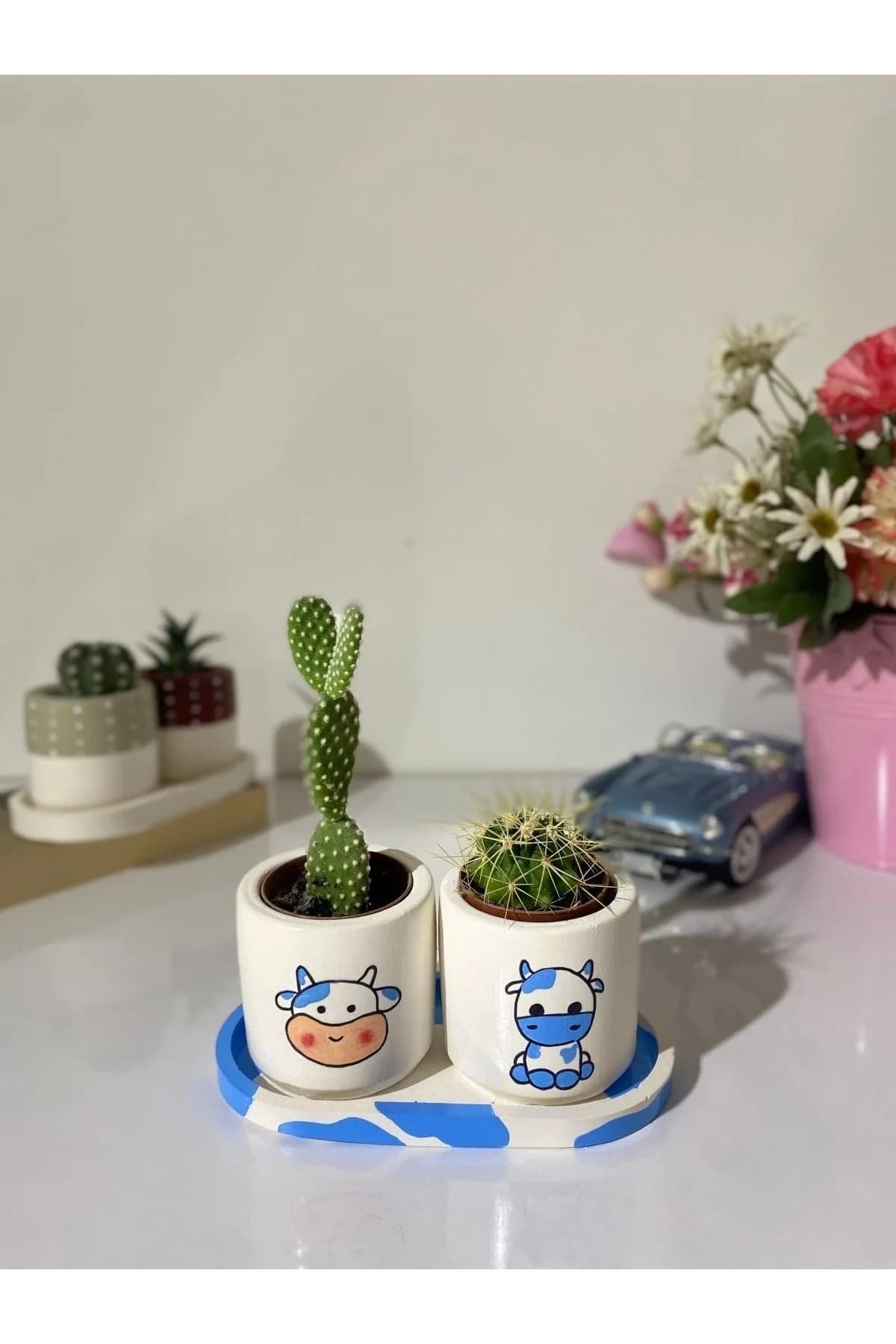 Tabaklı 2li Mavi Inek Motifli Mini Saksı Seti (çiçeksiz) - 1. görsel