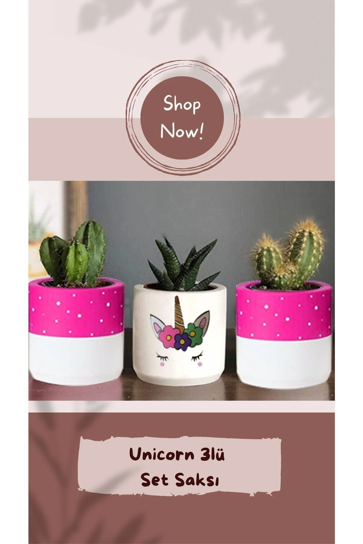 Unicorn Desenli Saksı Üçlü Set- Küçük Boy Sukulent Saksısı Çizim Unicorn Kalemlik - 1. görsel