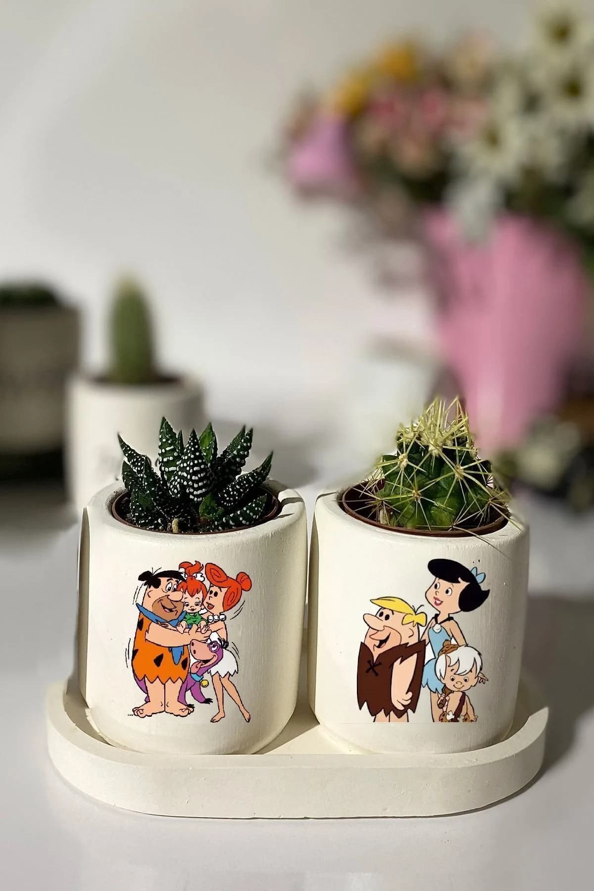Tabaklı Taş Devri Baskılı Mini Saksı Seti Hediyelik Dekoratif - 1. görsel
