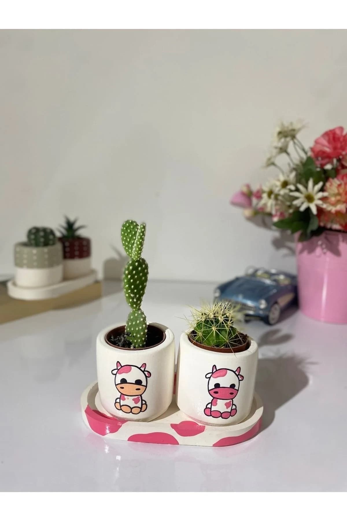Tabaklı 2li Pembe Inek Motifli Mini Saksı Seti (çiçeksiz) - 1. görsel