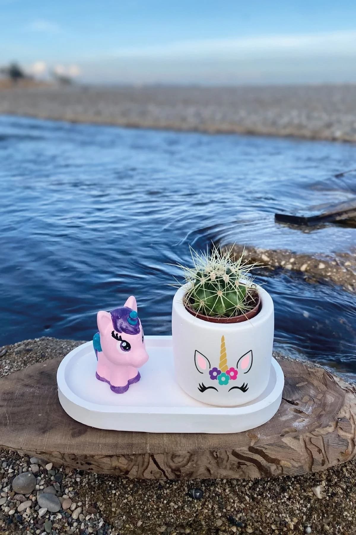 Tabaklı Unicorn Desen Ve Objeli Özel El Boyaması Saksı Seti - 1. görsel
