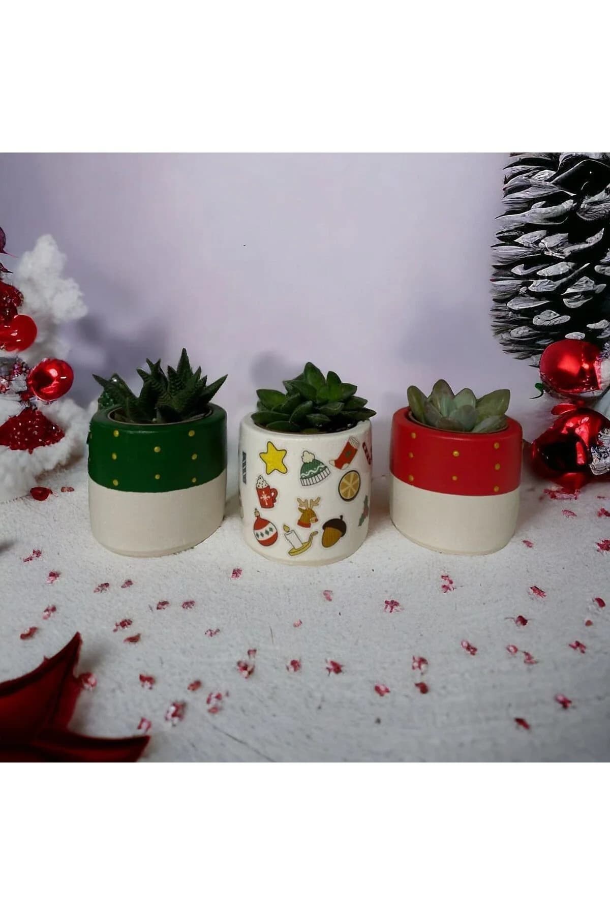 Yılbaşı Hediyesi/ Çoklu Yılbaşı Desen Baskılı 3lü Saksı Seti - 1. görsel
