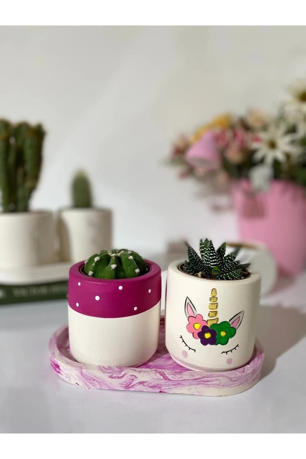 Tabaklı Unicorn At Desenli El Çizimi Saksı Seti Hediyelik Kalemlik - 1. görsel