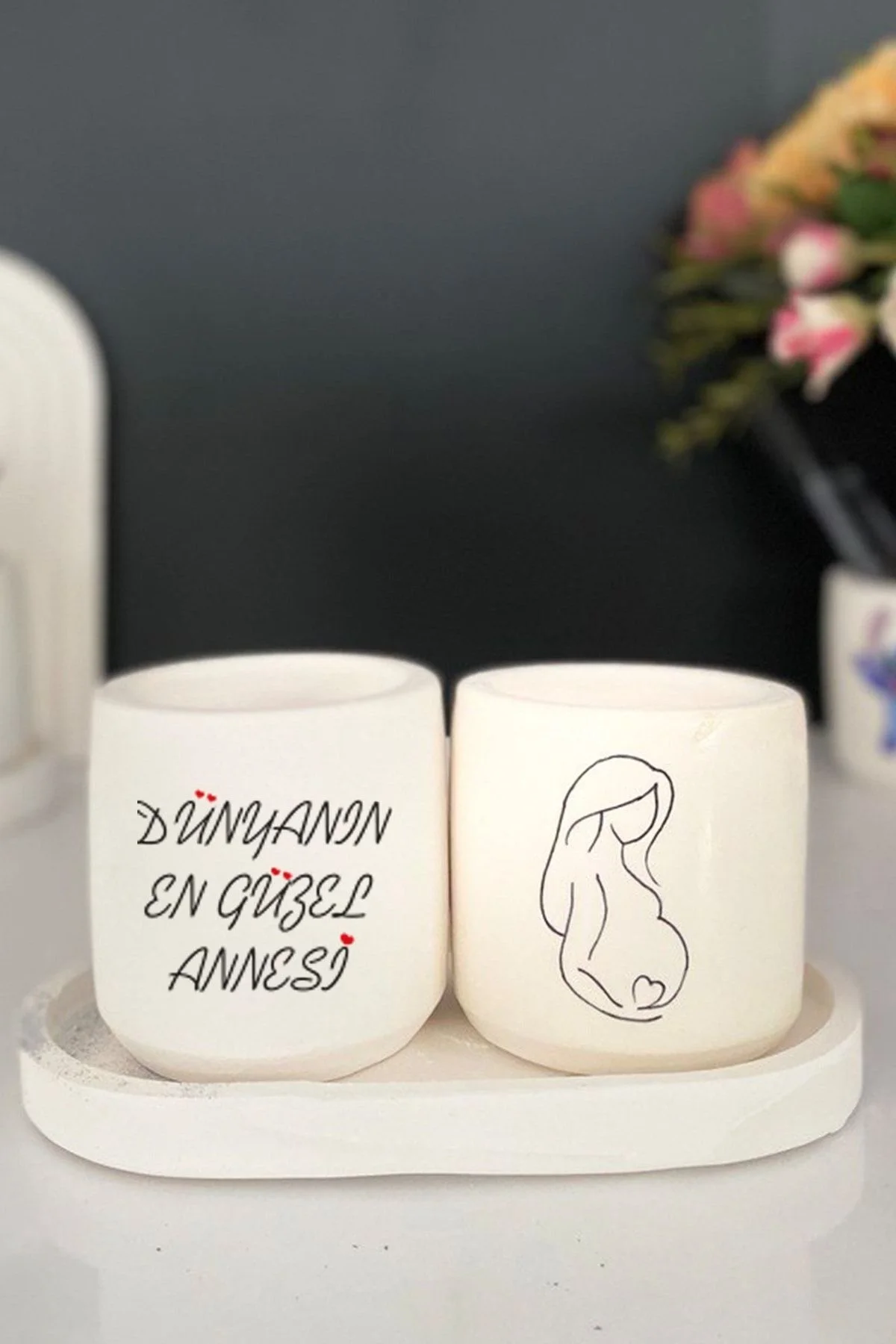 Tabaklı Anne Teması 4 Çizimli Mini Saksı Seti Hediyelik Dekoratif Anneler Günü Hediyesi - 1. görsel