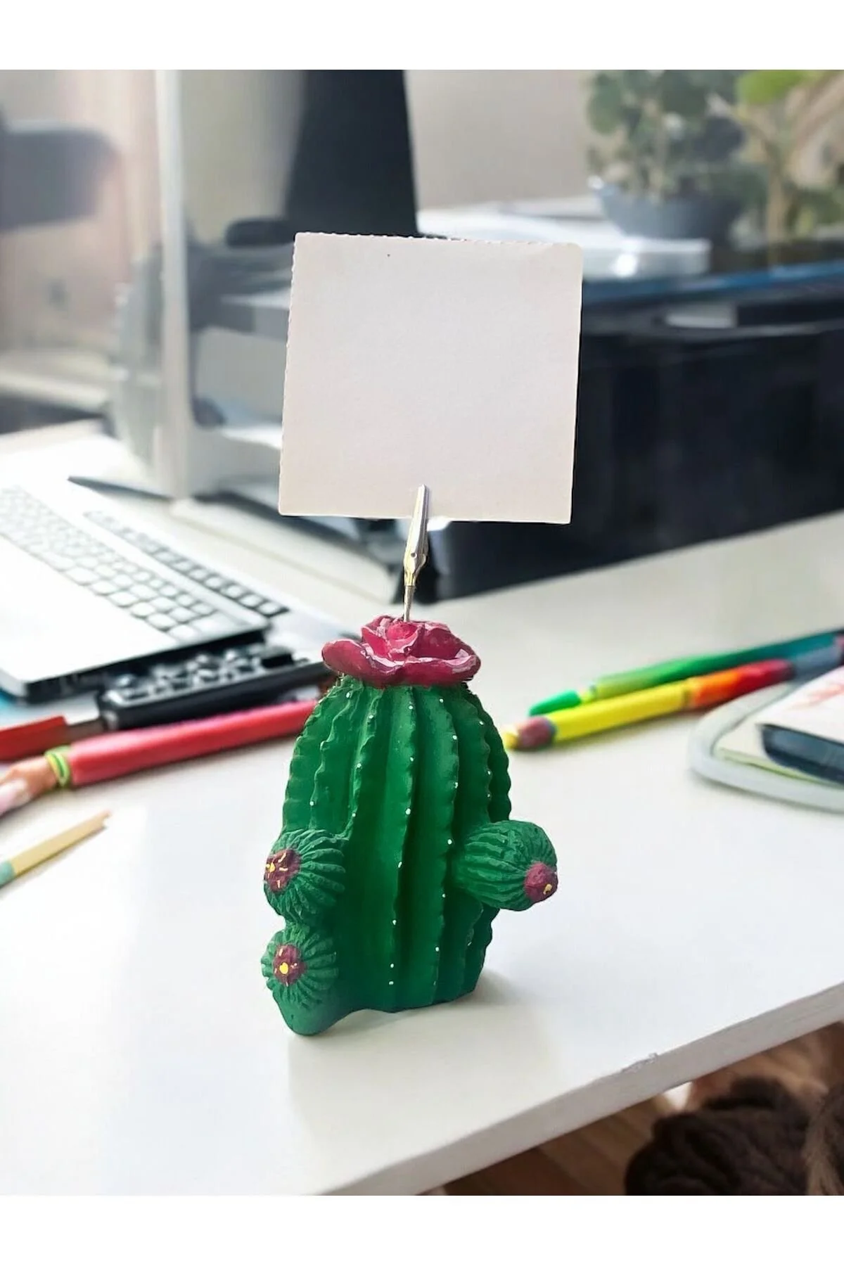 Koyu pembe Çiçek Desenli Kaktüs Obje Fotoğraf Not Tutucu Ofis Masası Tutacak Hediyelike - 1. görsel