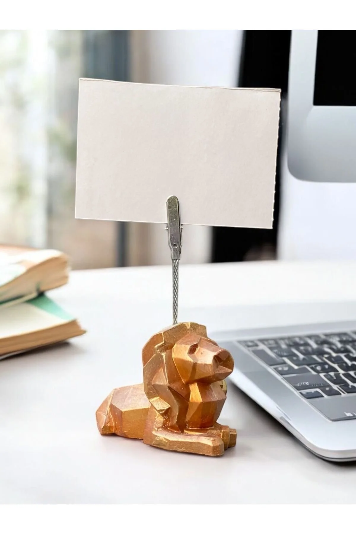 Altın Renkli Geometrik Aslan Fotoğraf Not Tutacağı Ofis Masası Tutacak Hediyelik Tutucı - 1. görsel