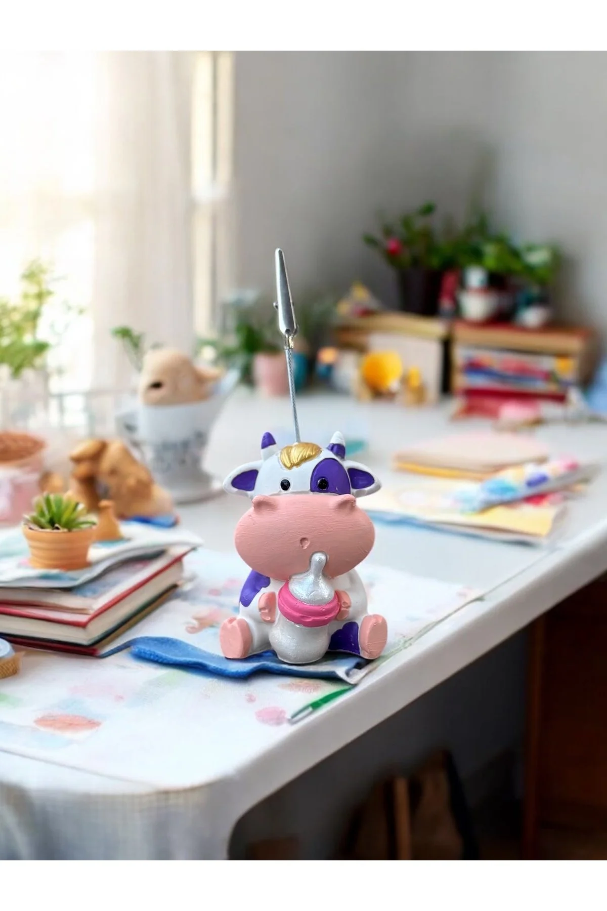 Tatlı Mor Biberonlu İnek Kawaii Fotoğraf Tutucu Not Tutacak Tutacağı Ofis Hediyelik - 1. görsel