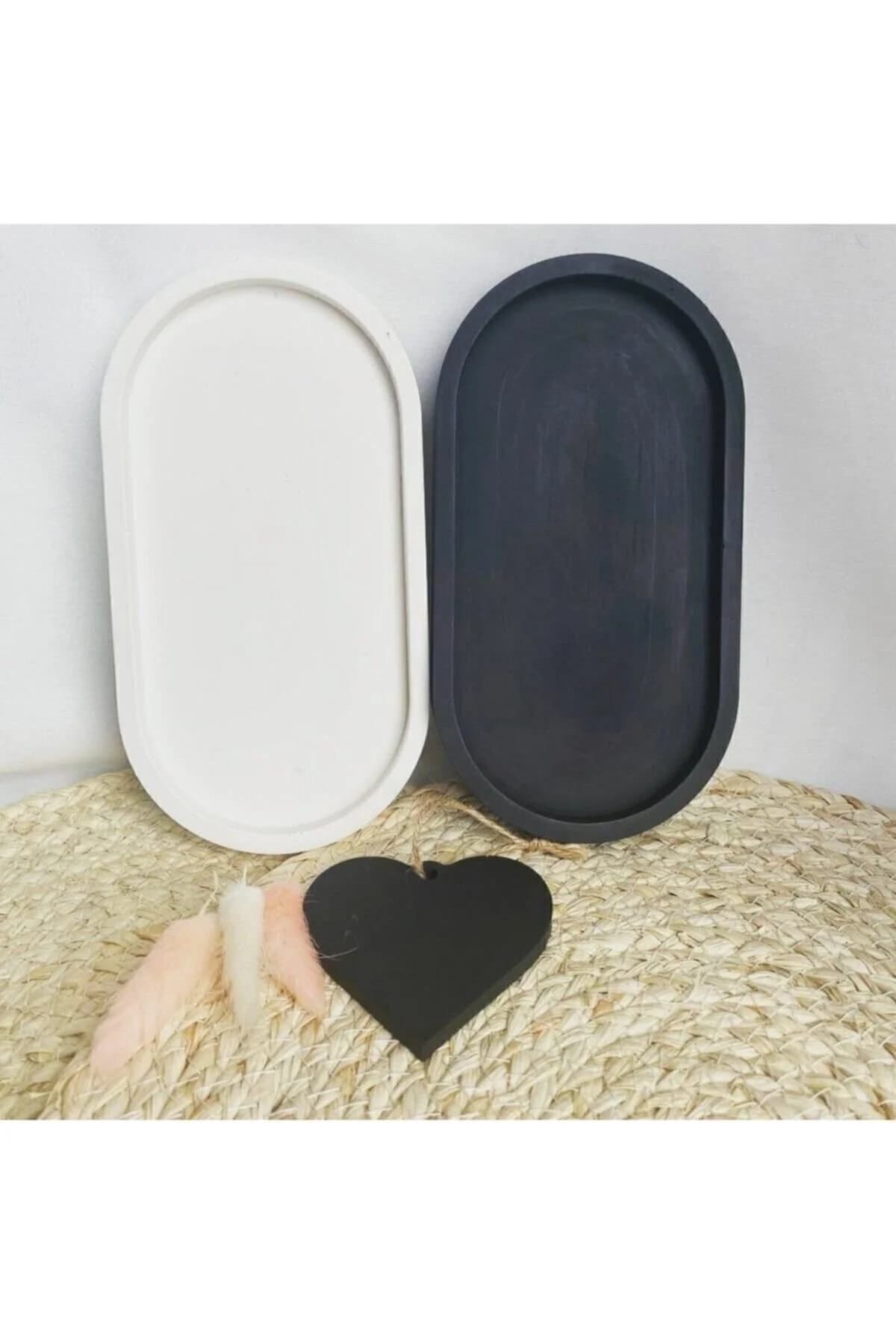 Dekoratif 2'li Oval Beton Biblo Tabak Beton Takı Tabağı Boyali Vernikli Mum Tabağı Organizer Mumluk - 1. görsel