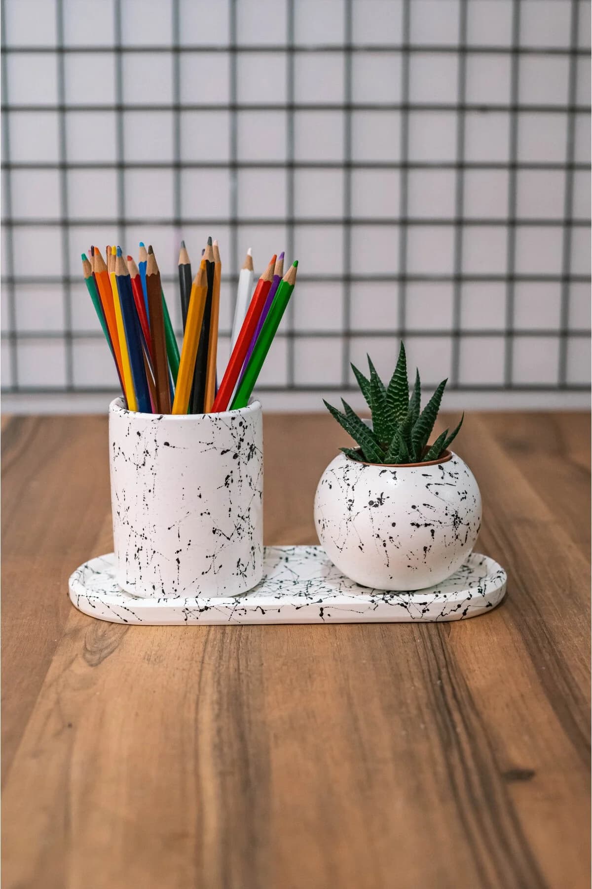BETON OFİS SETİ KALEMLİK SAKSI OVAL TEPSİ KAKTÜS - 1. görsel