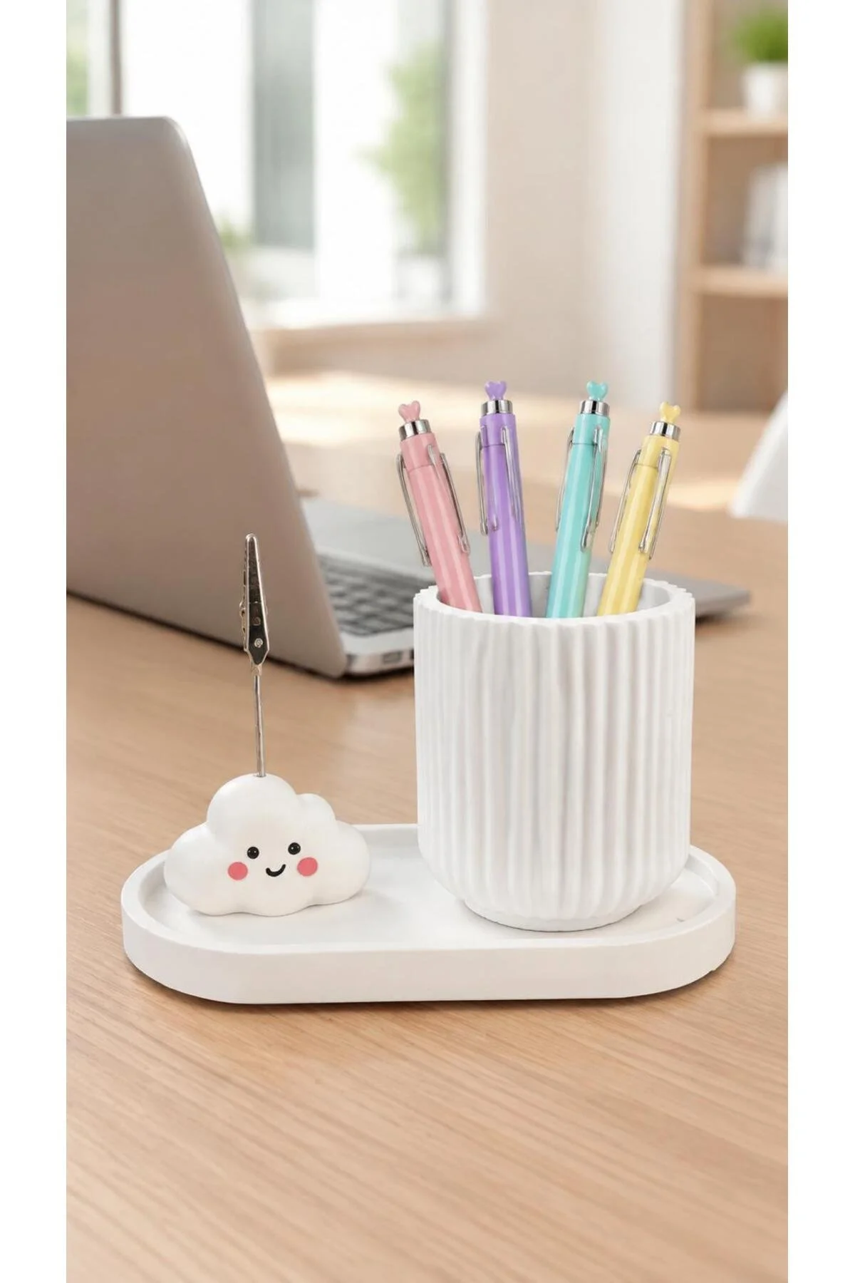 Bulut Temalı Notluk, Kalemlik ve Ataşlık Seti - 3 Parça Masaüstü Düzenleyici Organizer Set - 1. görsel
