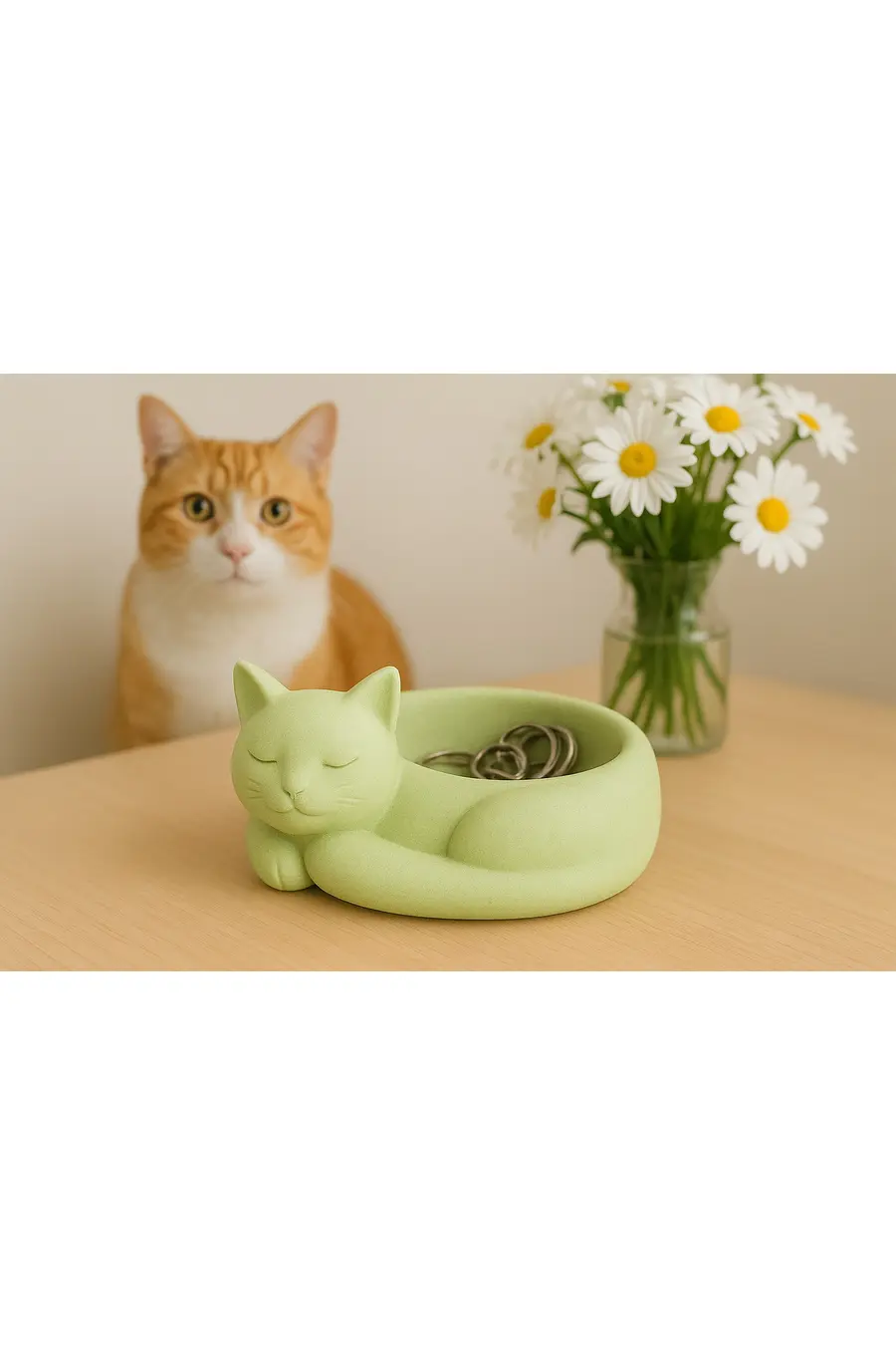 14 cm Kedi Taş Kase,Kedi Şeklinde Takı toka kasesi,cat bowl,kedi organizer,kedi dekor obje yeşil - 1. görsel