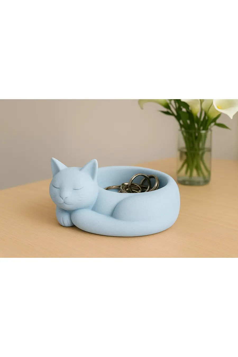 14 cm Kedi Taş Kase,Kedi Şeklinde Takı toka kasesi,cat bowl,kedi organizer,kedi dekor obje mavi - 1. görsel