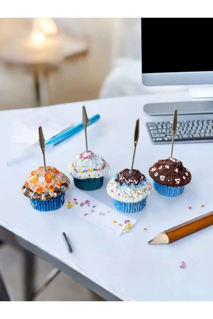 4'lü Mavi Tonları Cupcake Muffin Çikolata Kremşanti Süslü Hediyelik Ofis Masası Tutacak - 1. görsel