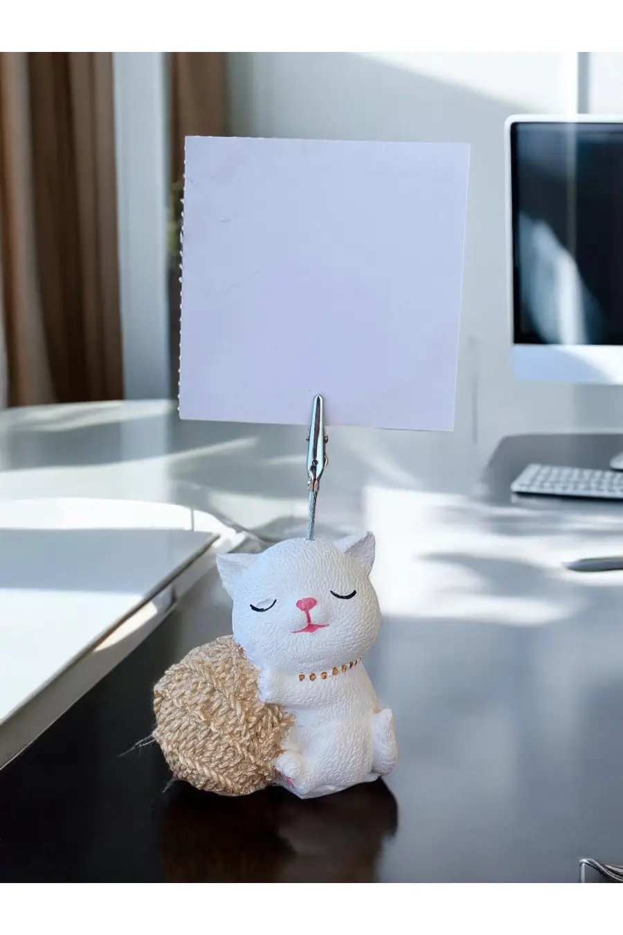 Açık Altın Yumaklı Oturan Kawaii Kedi Temalı Not Tutacağı Fotoğraf Tutacak Tutucu Ofis Hediyelik - 1. görsel