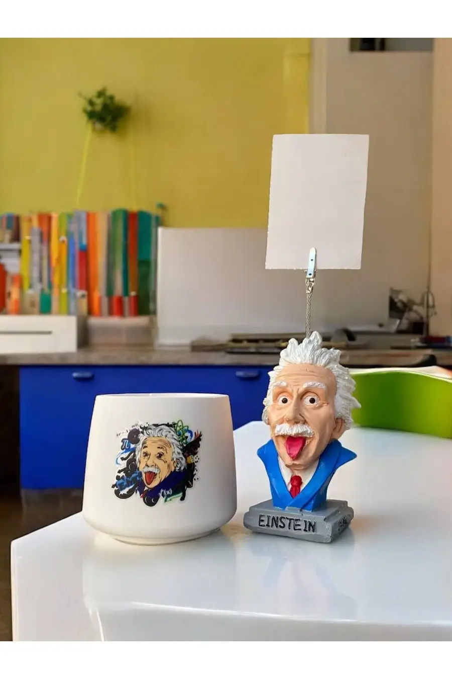 Albert Einstein Temalı Fotoğraf Not Tutacak ve Kalemlik Saksı Mumluk Seti Ofis masası Hediyelik - 1. görsel