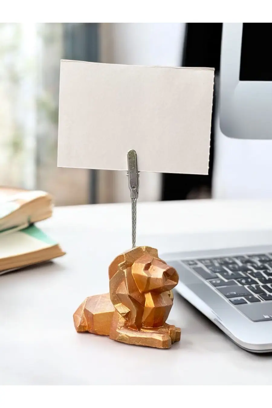 Altın Renkli Geometrik Aslan Fotoğraf Not Tutacağı Ofis Masası Tutacak Hediyelik Tutucı - 1. görsel
