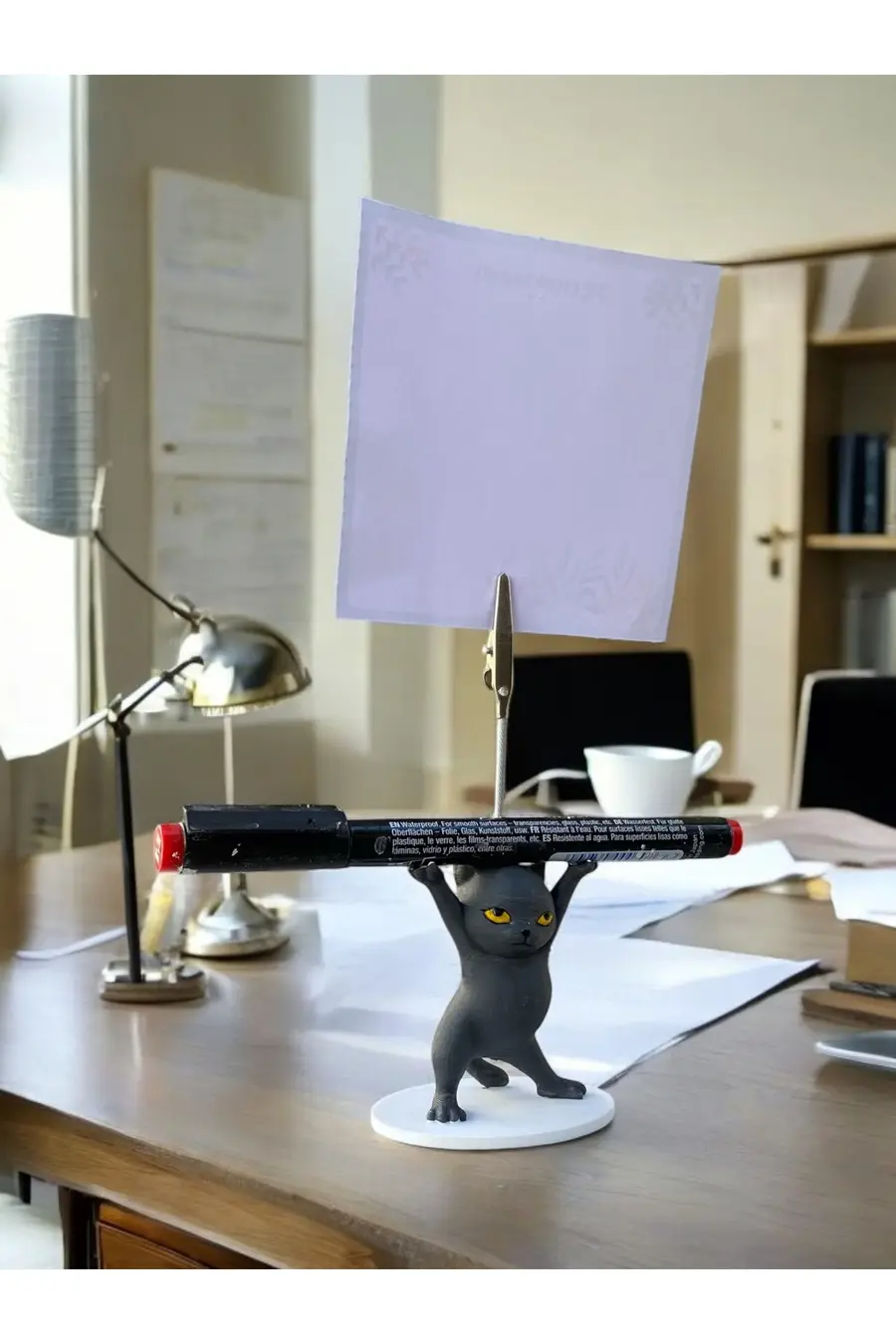 Antrasit Renk Kalem Tutabilen Dansçı Kedi Fotoğraf Not Tutacağı Ofis Masası Hediyelik - 1. görsel