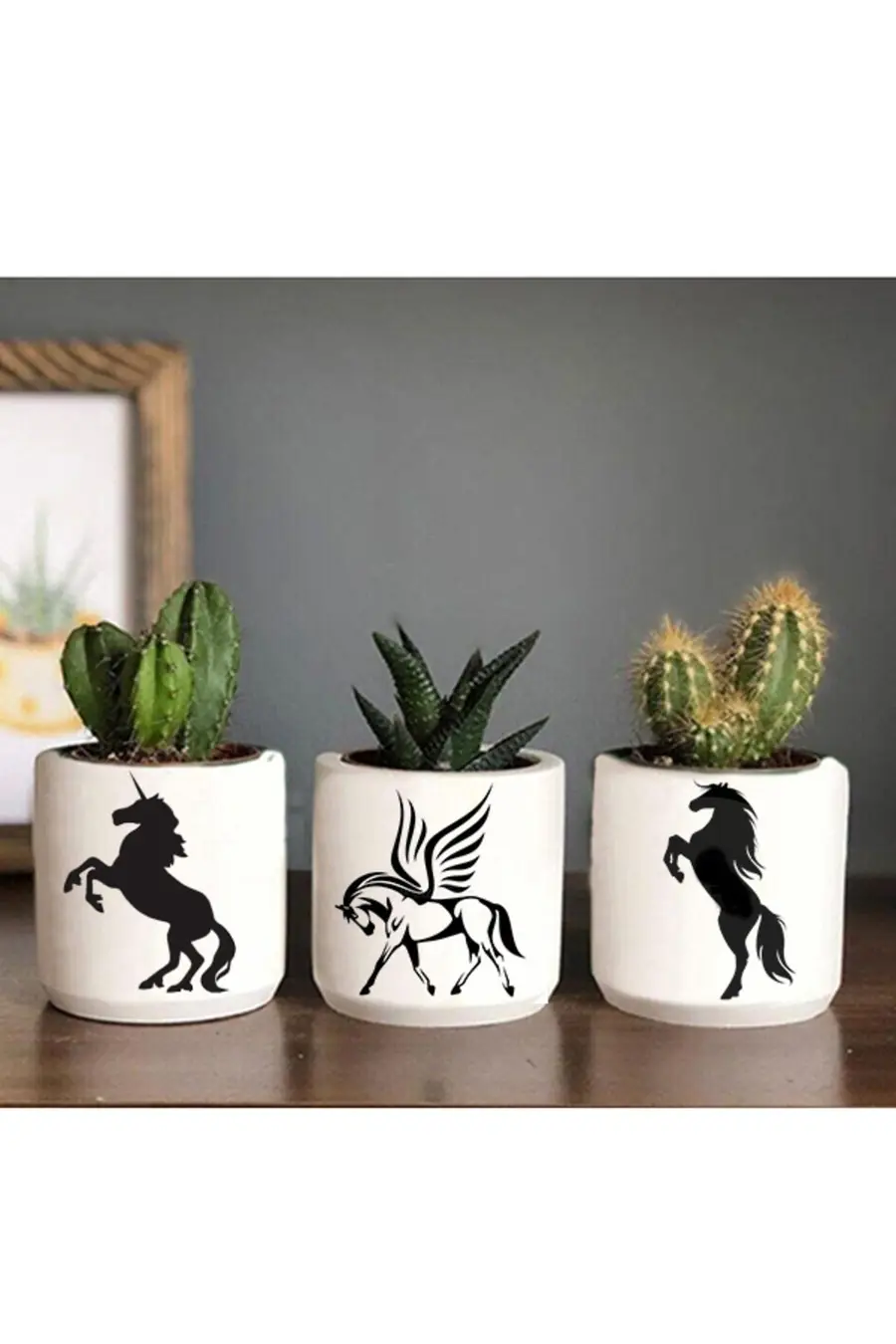 At Pegasus Desenli Saksı Üçlü Set- Küçük Boy Sukulent Saksısı El Yapımı - 1. görsel