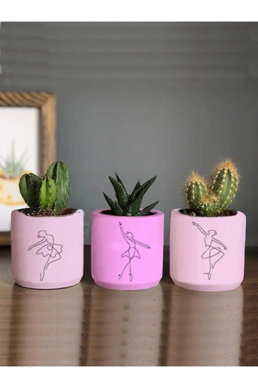 Balerin Kadın Çizimli 3lü Set Kaktüs Ve Sukulent Saksısı Hediyelik - 1. görsel