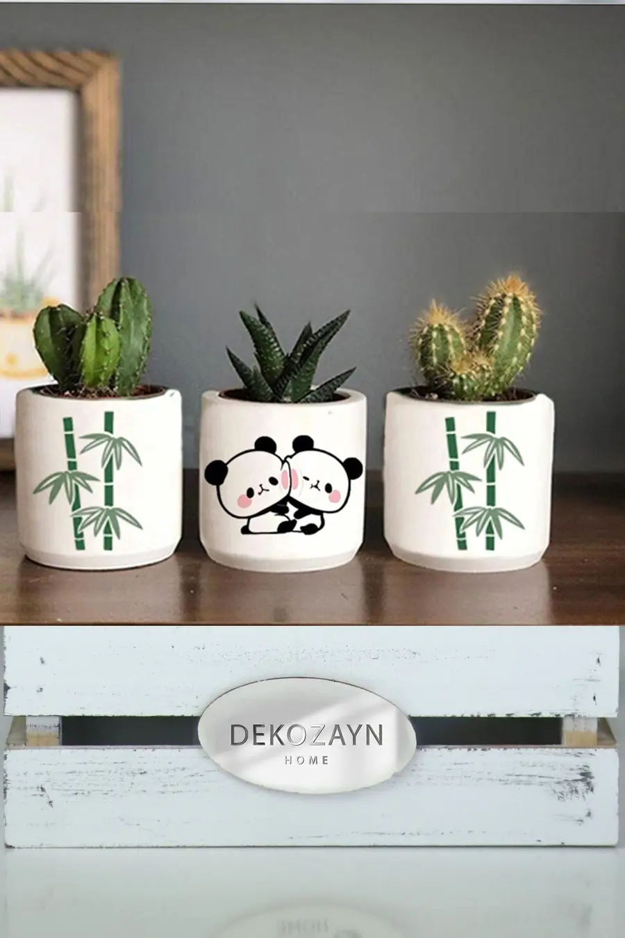 Bambu Panda Desenli Saksı Üçlü Set- Küçük Boy Sukulent Saksısı Çizim Hediyelik - 1. görsel