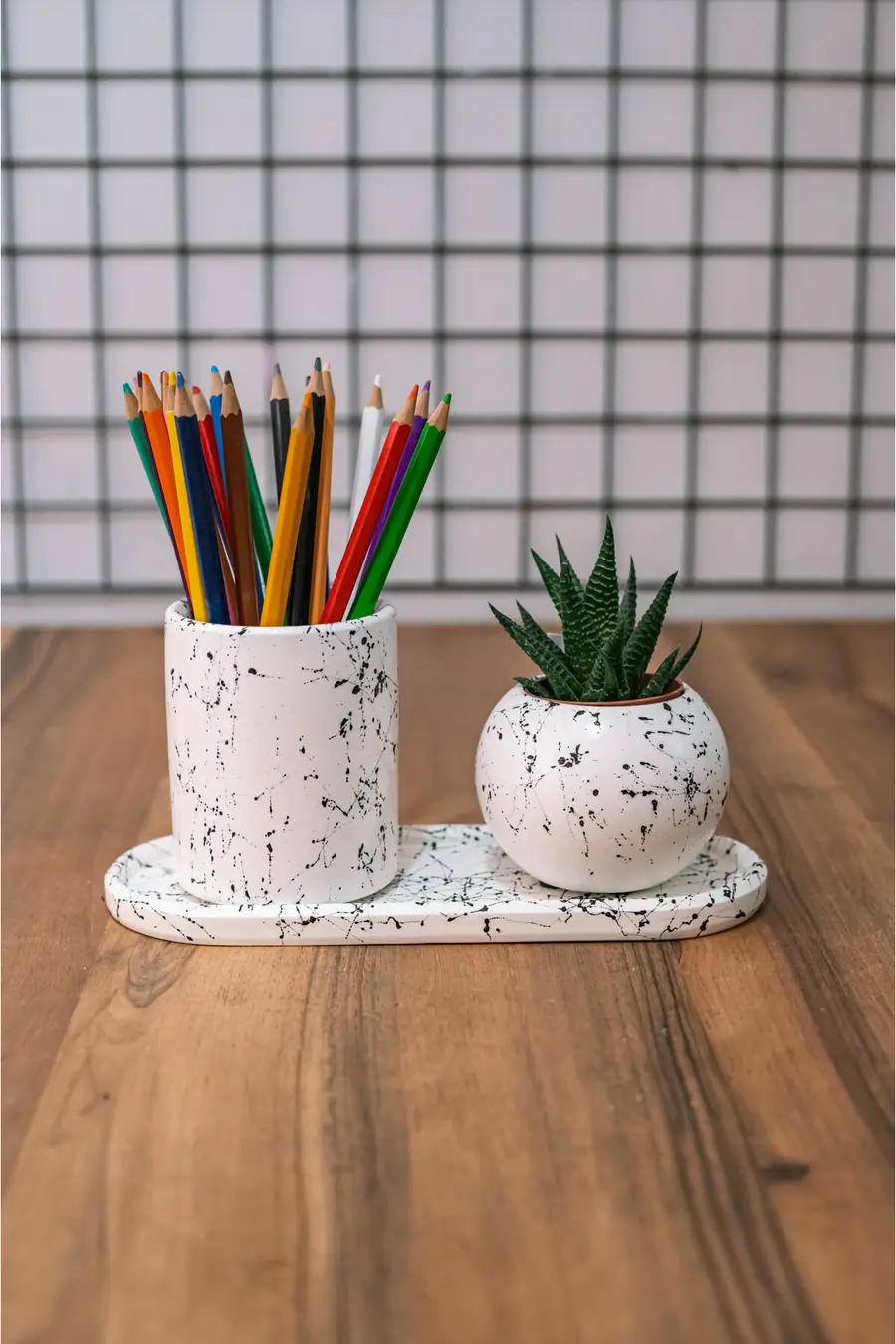BETON OFİS SETİ KALEMLİK SAKSI OVAL TEPSİ KAKTÜS - 1. görsel