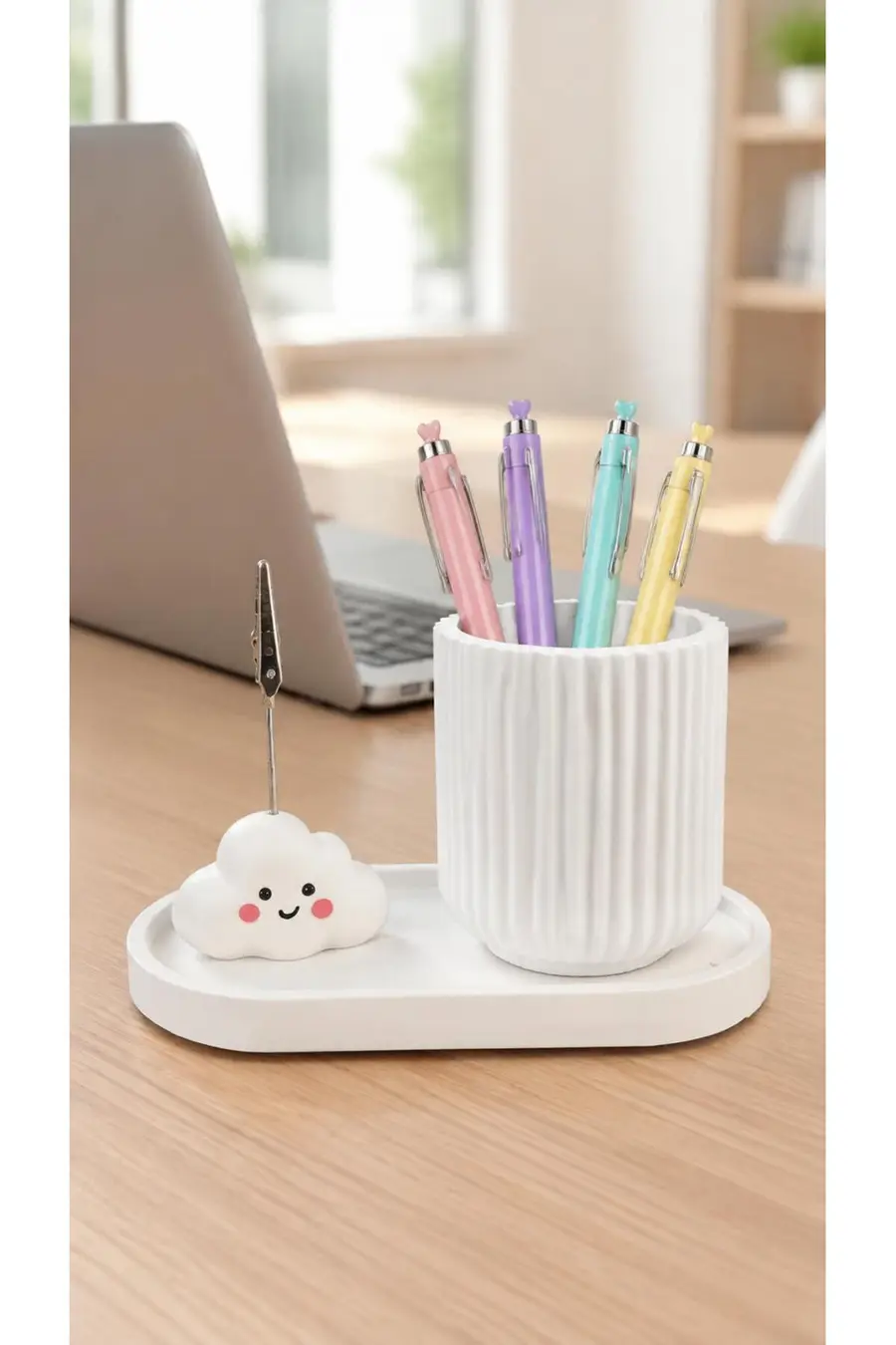 Bulut Temalı Notluk, Kalemlik ve Ataşlık Seti - 3 Parça Masaüstü Düzenleyici Organizer Set - 1. görsel