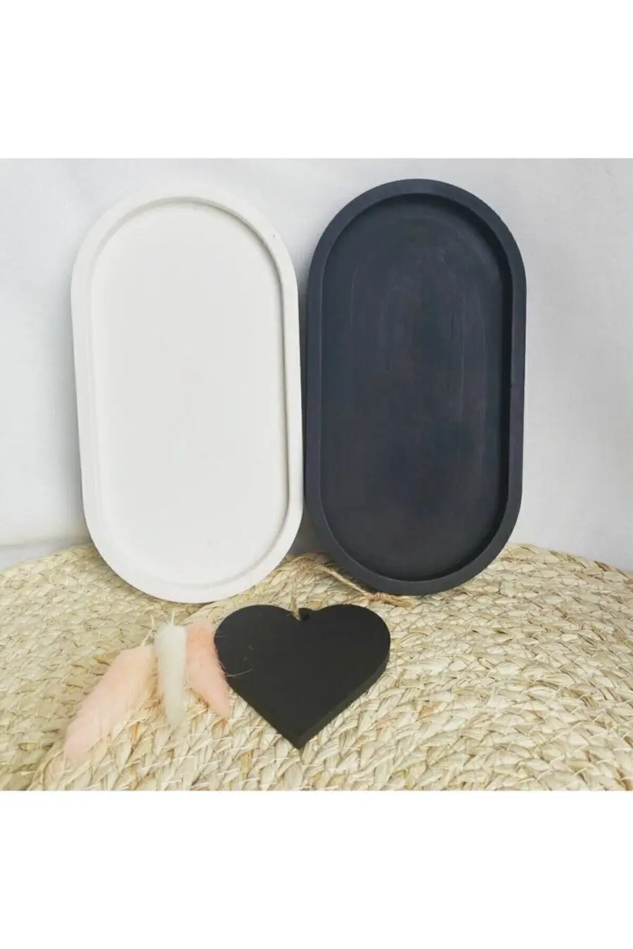 Dekoratif 2'li Oval Beton Biblo Tabak Beton Takı Tabağı Boyali Vernikli Mum Tabağı Organizer Mumluk - 1. görsel