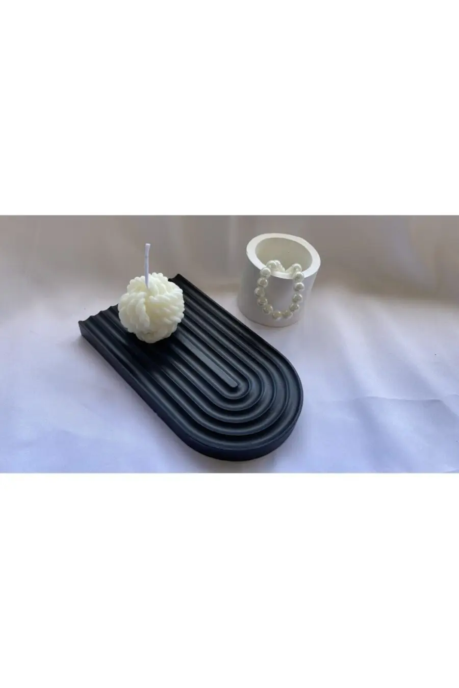 Dekoratif Geometrik Çizgili Beton Tabak Beton Takı Tabağı Mum Tabağı Organizer - 1. görsel