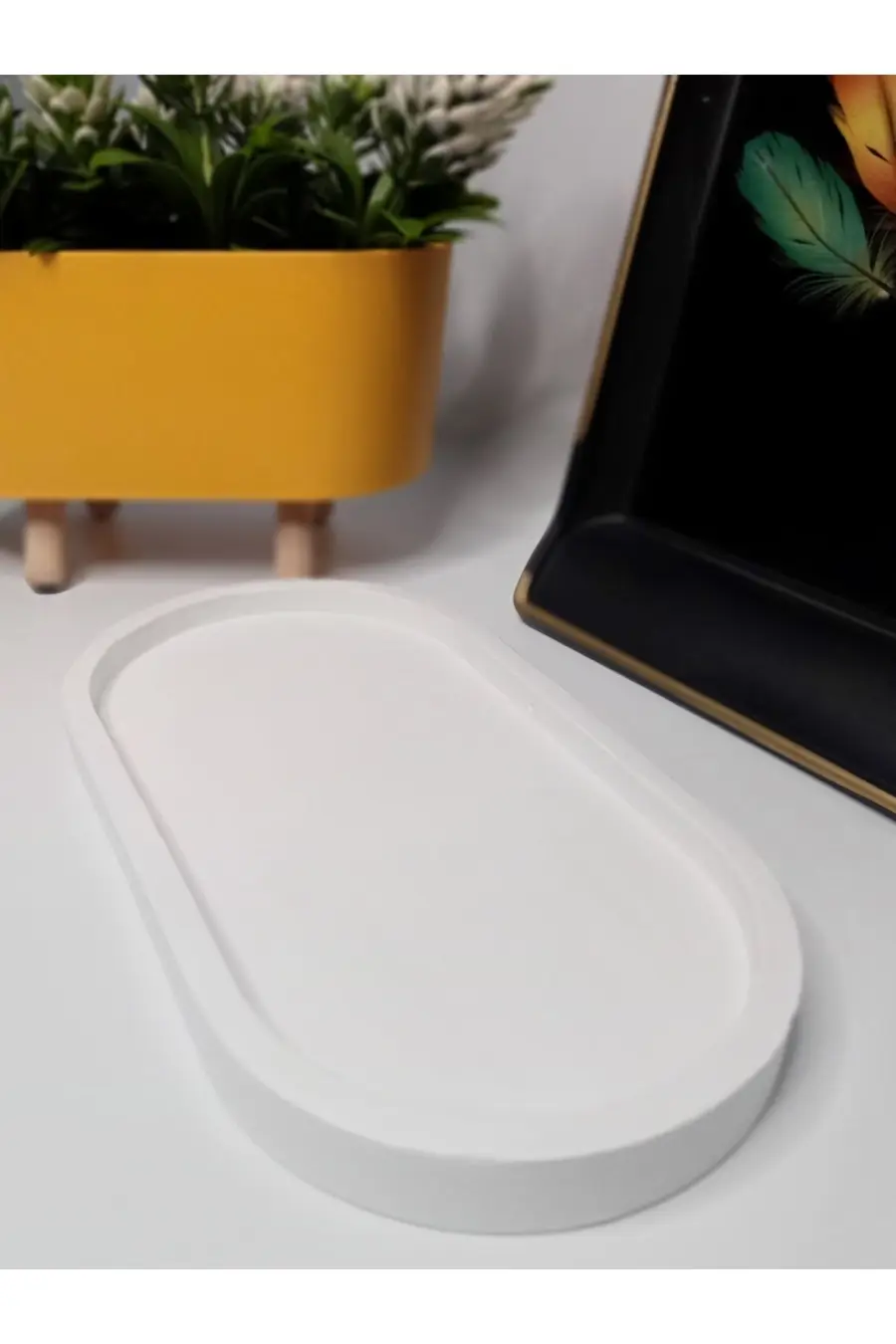 Dekoratif Oval Beyaz Beton Tabak - 1. görsel
