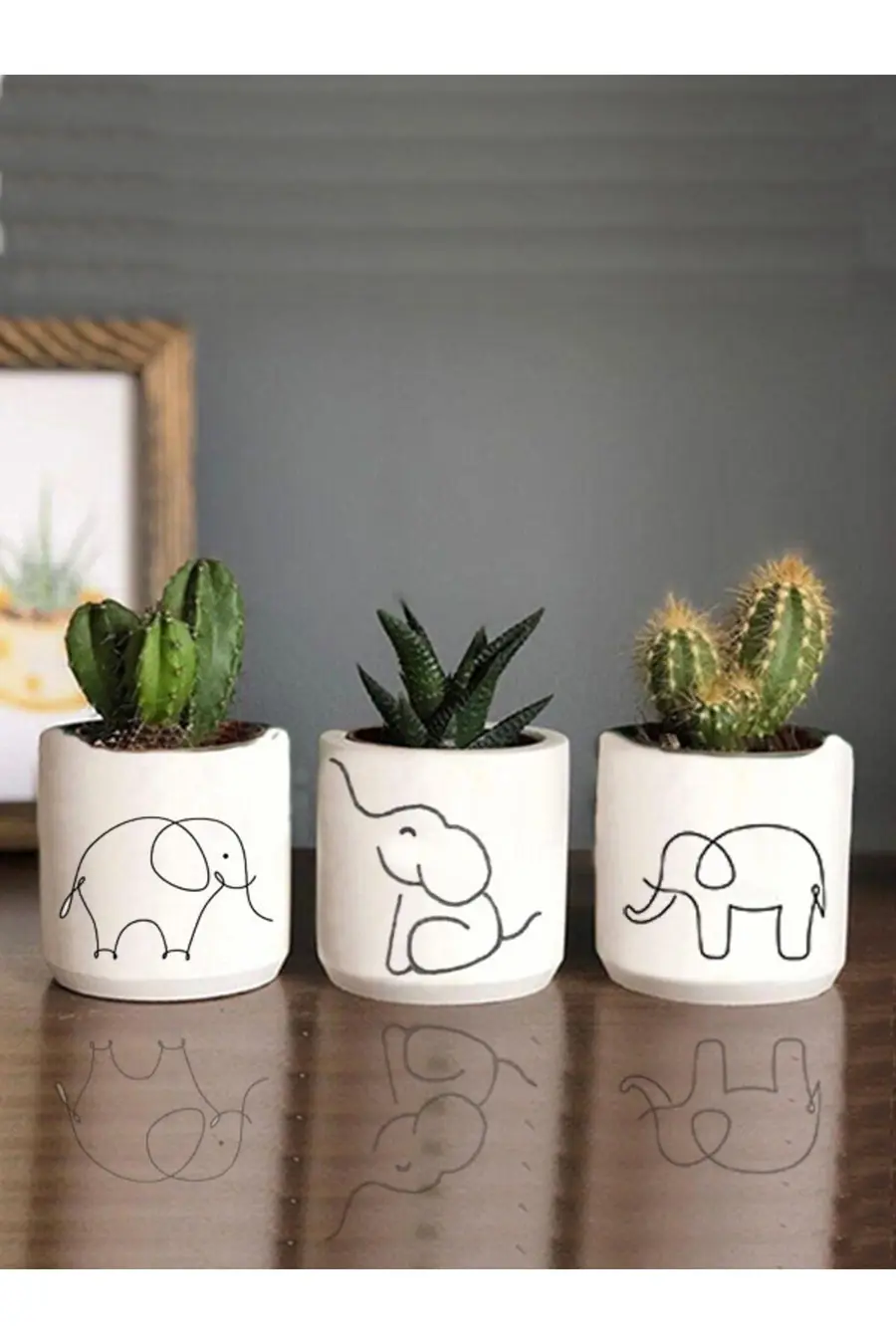 Fil Desenli Beton Saksı Üçlü Set- Küçük Boy Sukulent Saksısı Çizim Bereket Hediyelik - 1. görsel