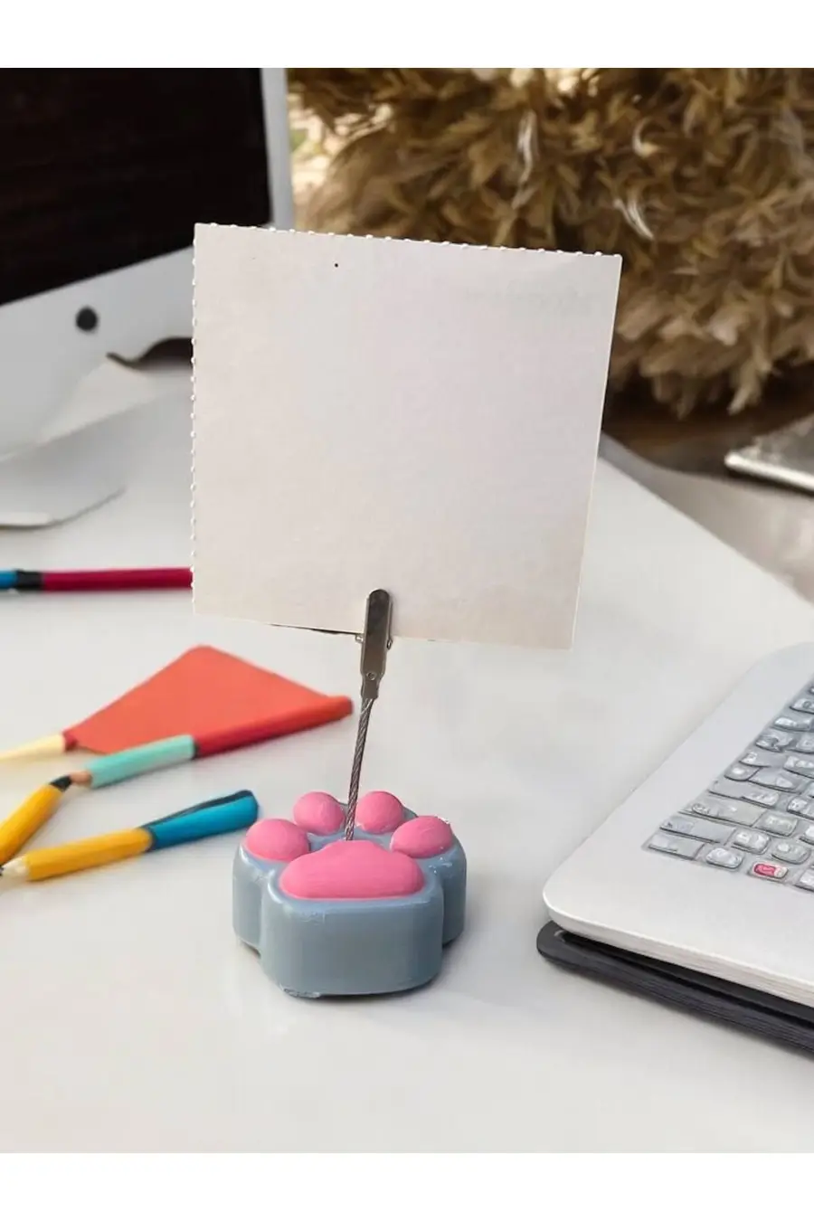Gri Pembe Sevimli Kedi Patisi Fotoğraf Not Tutacak Pati Ofis Masası Hediyelik - 1. görsel