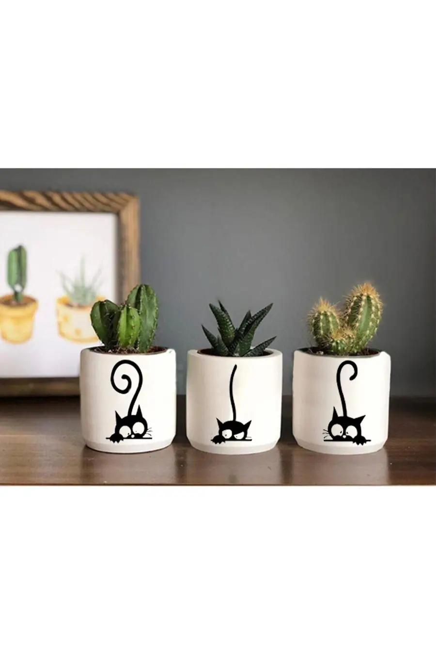 Kedi Desenli Saksı (ÇİÇEKSİZ)- Küçük Boy Sukulent Saksısı Çizim Kedicik - 1. görsel