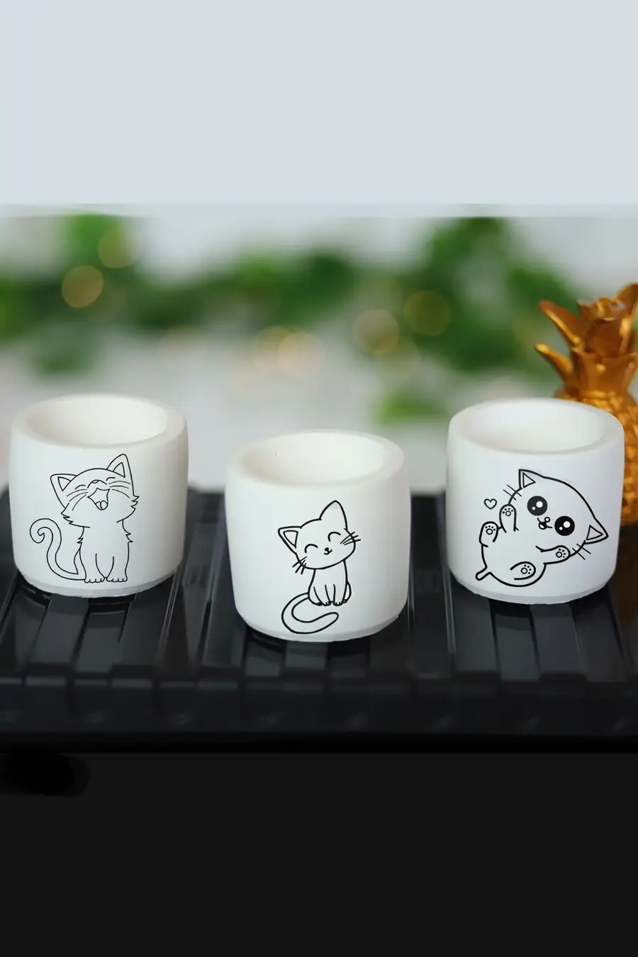 Kedi Desenli Saksı Kalemlik Üçlü Set- Küçük Boy Sukulent Saksısı - 1. görsel