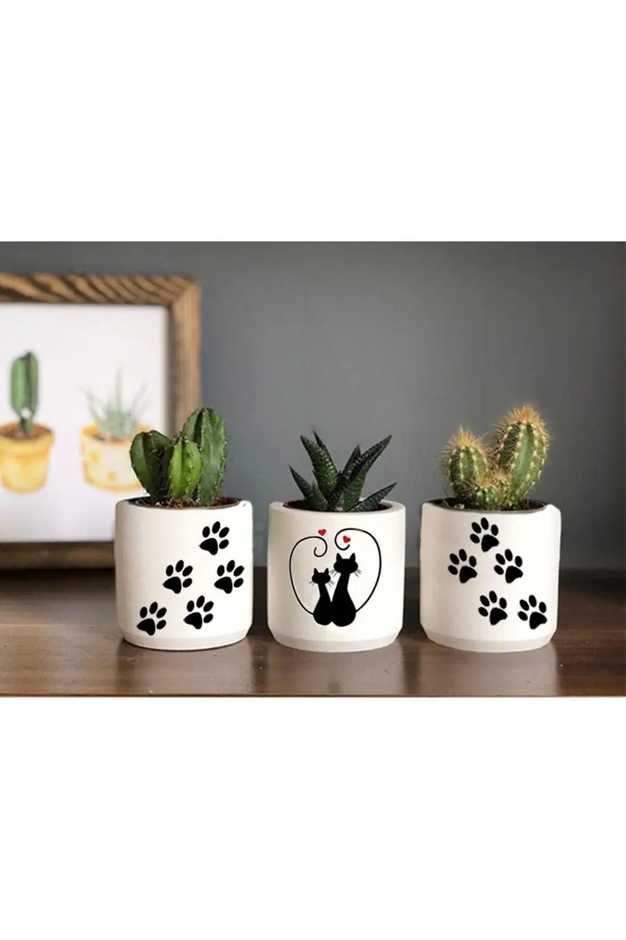 Kedi Desenli Saksı Üçlü Set- Küçük Boy Sukulent Saksısı Çizim Kedicik - 1. görsel