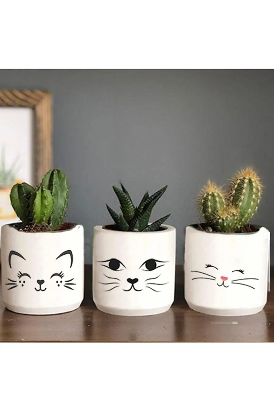 Kedi Yüzü Desenli Beton Saksı Üçlü Set- Küçük Boy Sukulent Saksısı Çizim Kedicik - 1. görsel