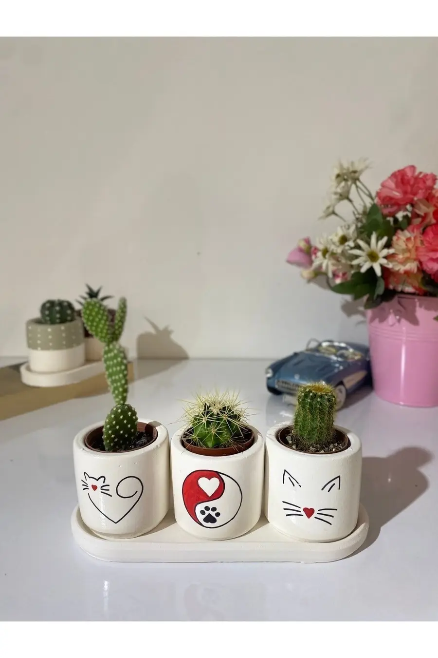 Kırmızı Kedi Silueti Saksı Seti, 3'lü Tabaklı, Şık ve Renkli Dekoratif Set - 1. görsel