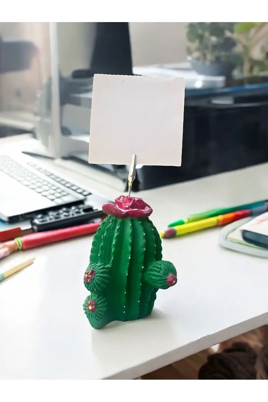 Koyu pembe Çiçek Desenli Kaktüs Obje Fotoğraf Not Tutucu Ofis Masası Tutacak Hediyelike - 1. görsel