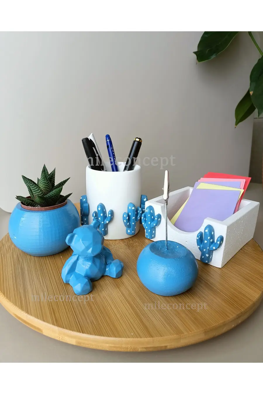 Masaüstü 3d Kaktüs Desenli Beton Ofis Seti; Kalemlik, Bloknotluk, Notluk, Saksı, Sukulent Ve Ayıcık - 1. görsel