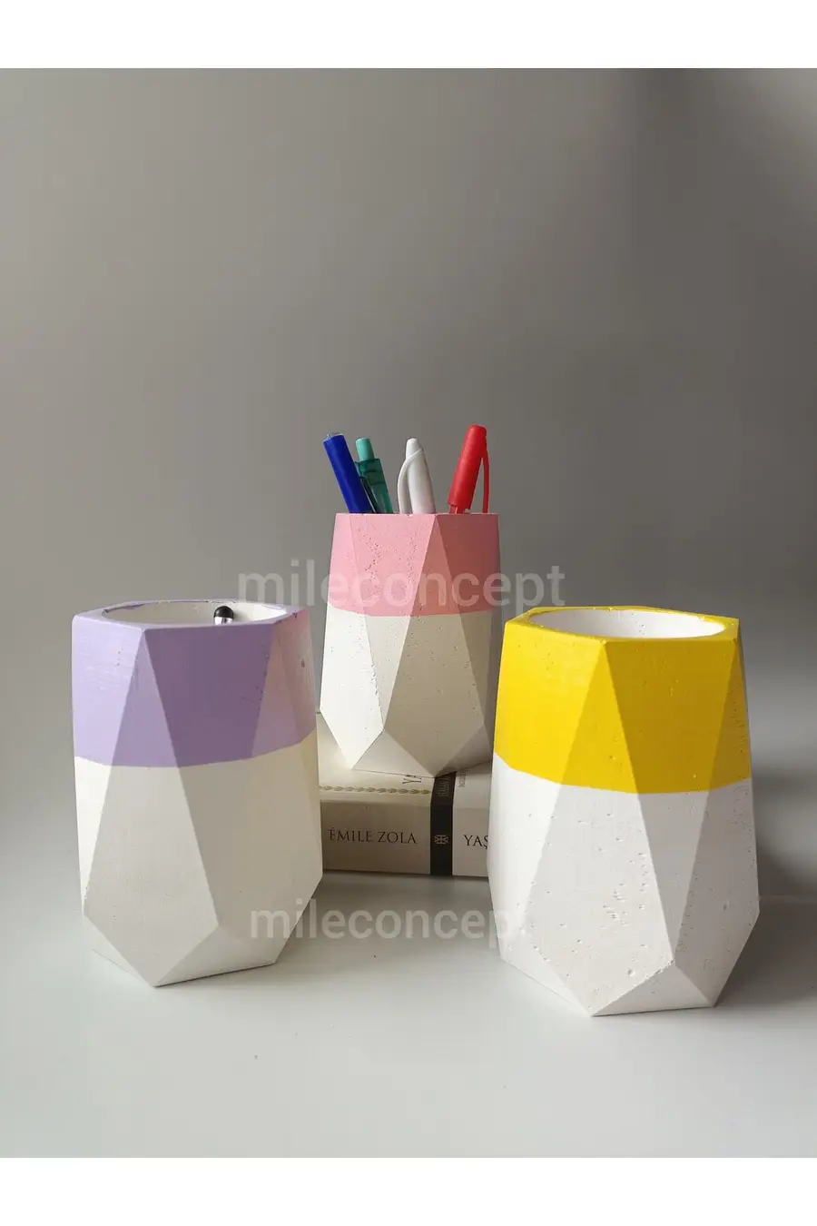 Masaüstü Dekoratif Beton Geometrik Kalemlik 3lü Set Lila, Pembe, Sarı - 1. görsel