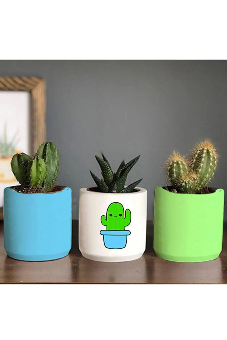 Mavi Saksılı Kaktüs Desenli Saksı Üçlü Set- Küçük Boy Sukulent Saksı Hediyelik - 1. görsel