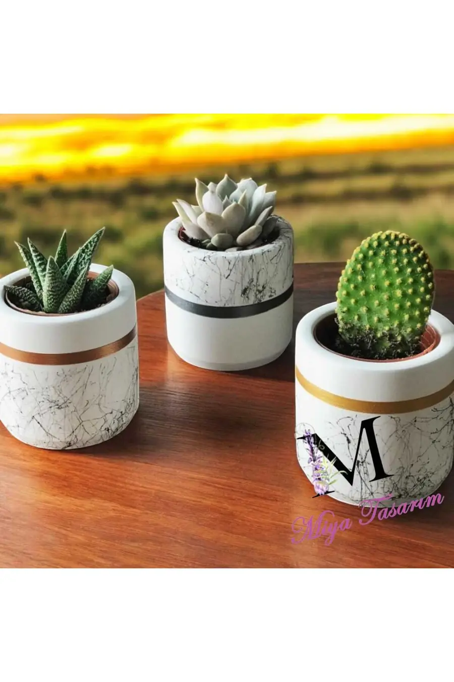 Mermer Desen Silindir,geometrik Beton Saksılık Ve Sukulentlik 3'lü Set - 1. görsel