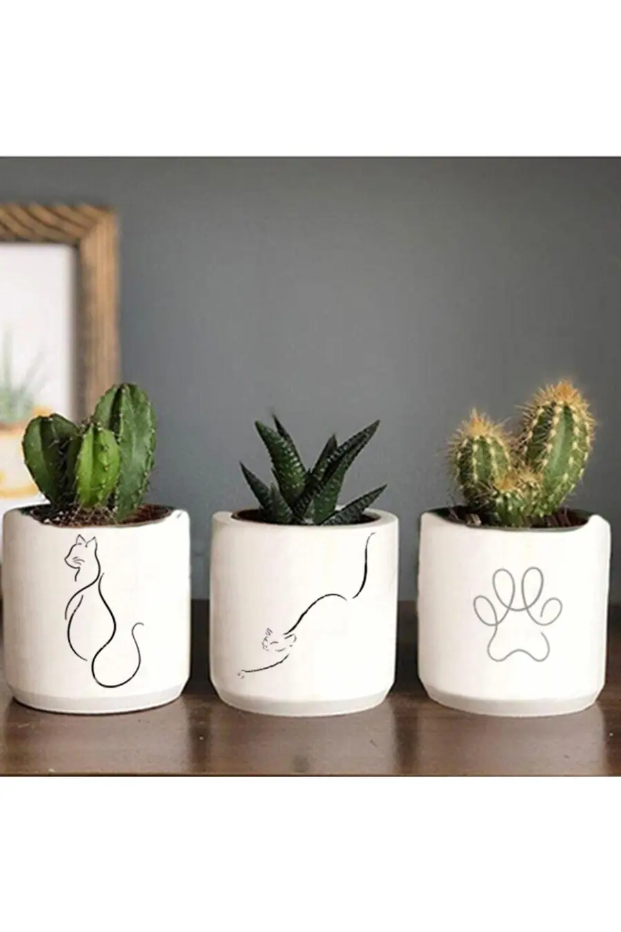 Minimalist Kedi Desenli Saksı Üçlü Set- Küçük Boy Sukulent Saksısı Kedicik Hediyelik - 1. görsel