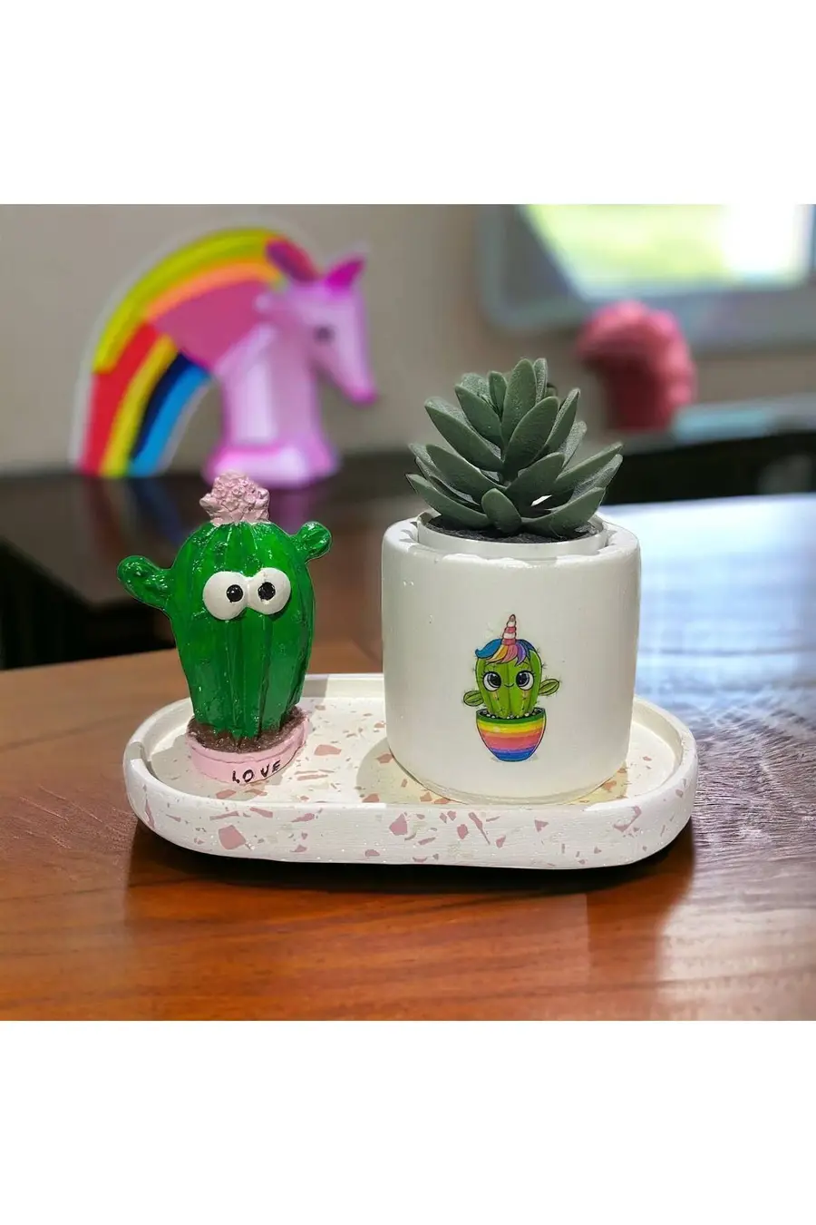 Özel Yapım Unicorn Baskılı Kaktüs Desenli Ve Objeli Hediyelik Saksı Organizer - 1. görsel